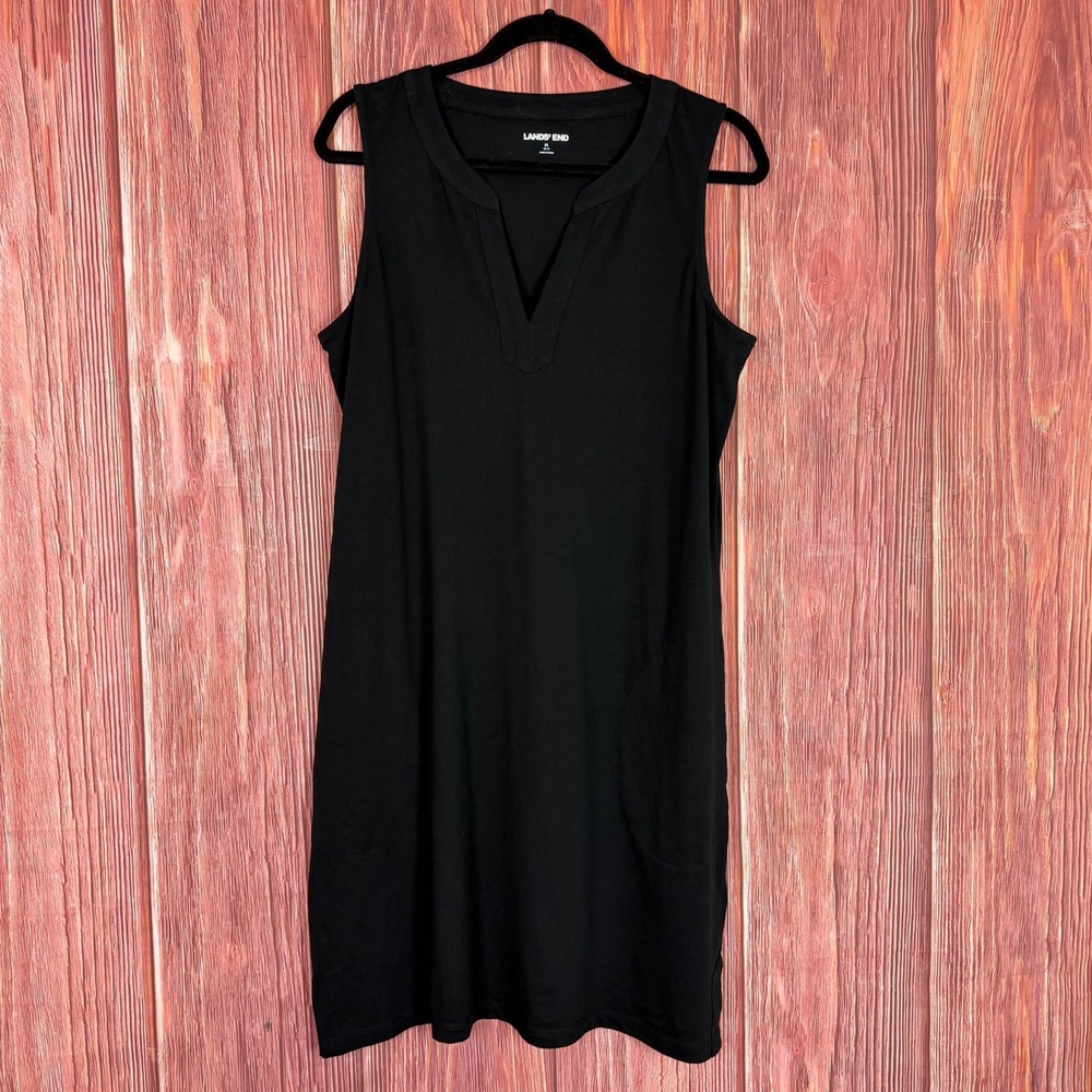 Lands End Womens Black Sleeveless Notched V-Neck Pocket Shift Dress M 10-12